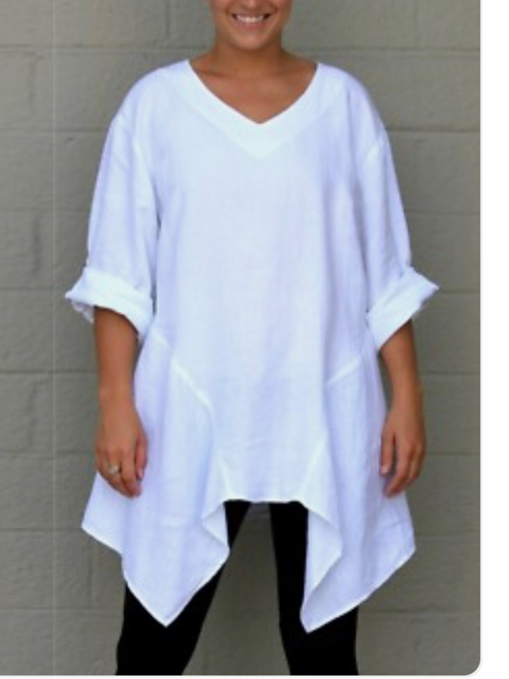 La.Fixsun linen Mosaic Women's White V-Neck Handkerchief Hem Tunic